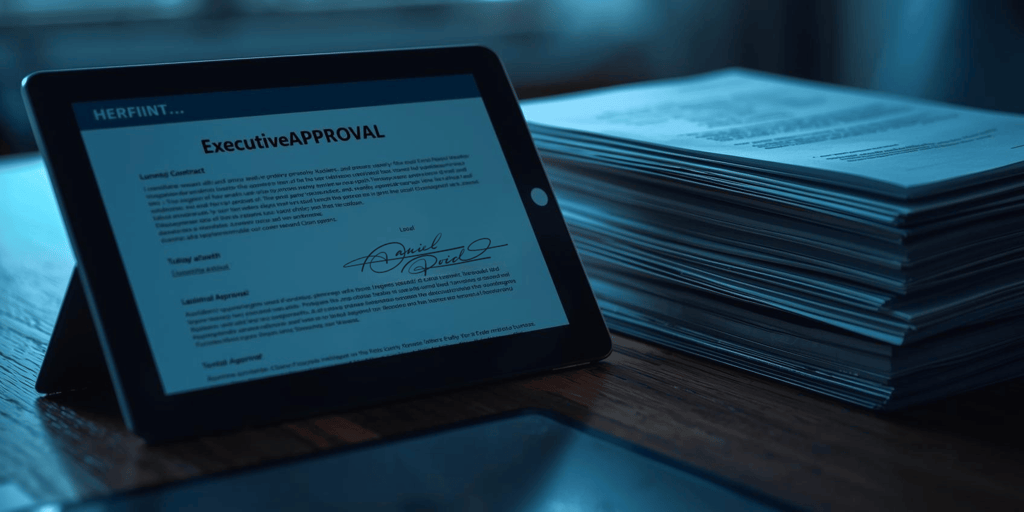 Digital tablet displaying a signed executive approval beside traditional paper contract—symbolizing