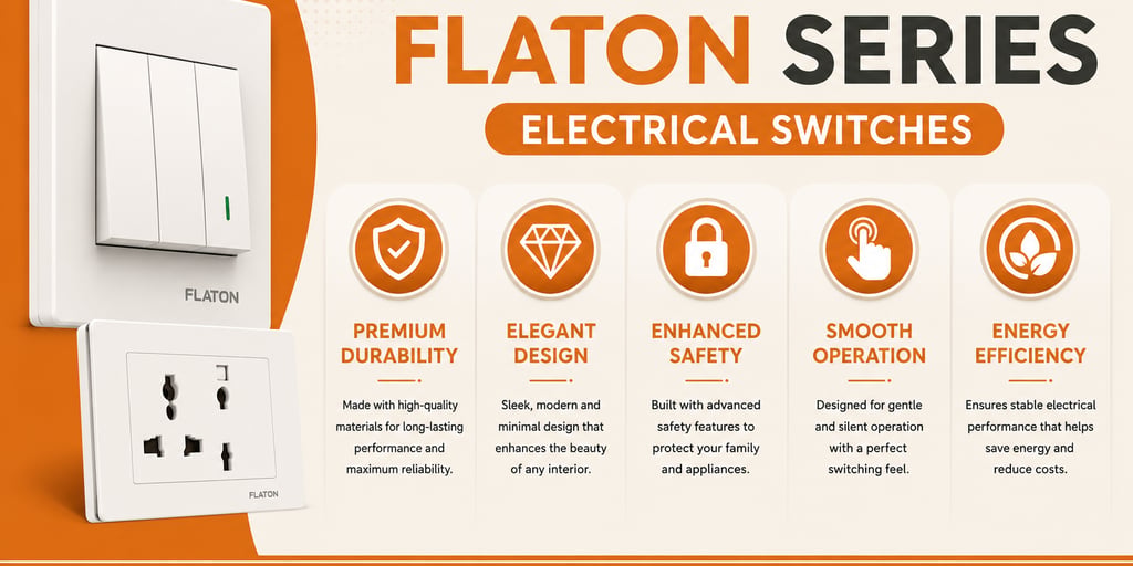 Flatton Series modern white electrical switches and power sockets highlighting durability, safety, and energy efficiency.