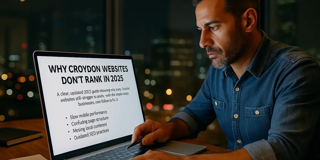 person reviewing website ranking issues on a laptop in an office