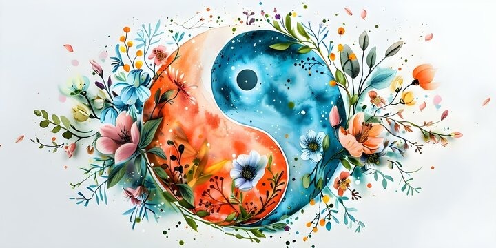 a painting of a ying yang symbol with flowers