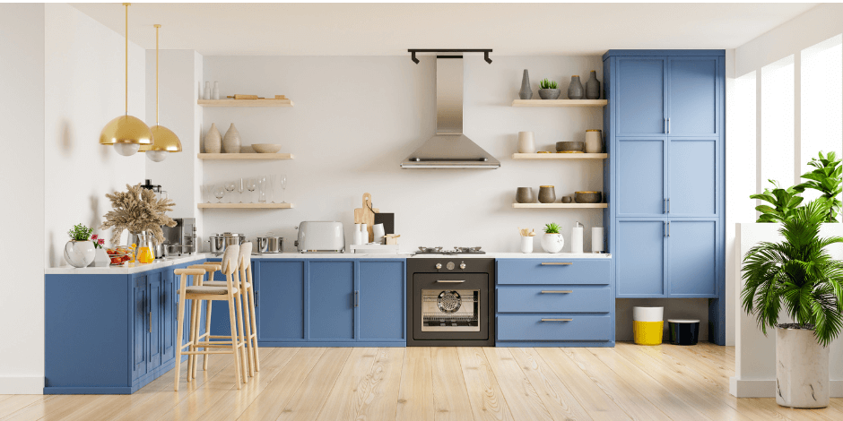 Modern kitchen featuring blue cabinets, open wooden shelving, and stainless steel appliances.