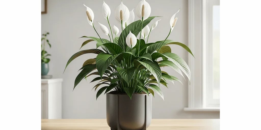 Un frondoso Espatifilo (Lirio de la Paz) con hojas verde oscuro y varias flores blancas