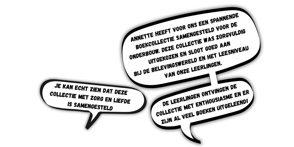 Drie tekstballonnen met enthousiaste reviews over een samengestelde boekcollectie voor leerlingen.