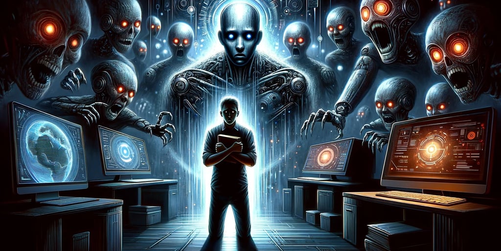 una ilustración de un hombre asustado rodeado de monstruos robot