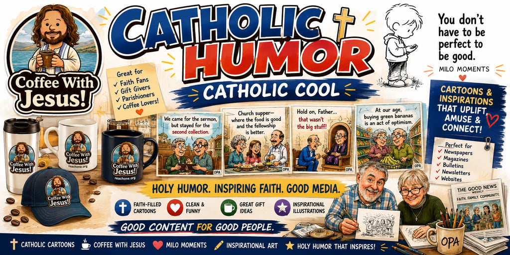 Cartoon illustration of the Catholic Humor Store