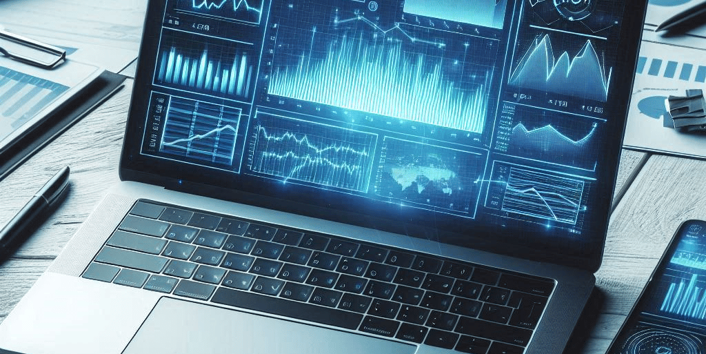 A laptop computer sitting on a desk with finance data