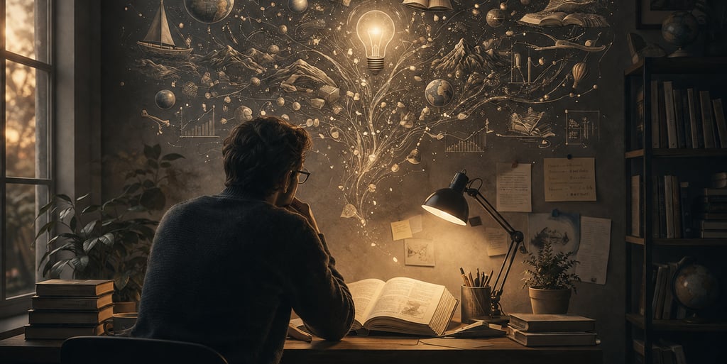 A student studying at a desk with an illuminated light bulb and creative cosmic illustrations symbolizing imagination and