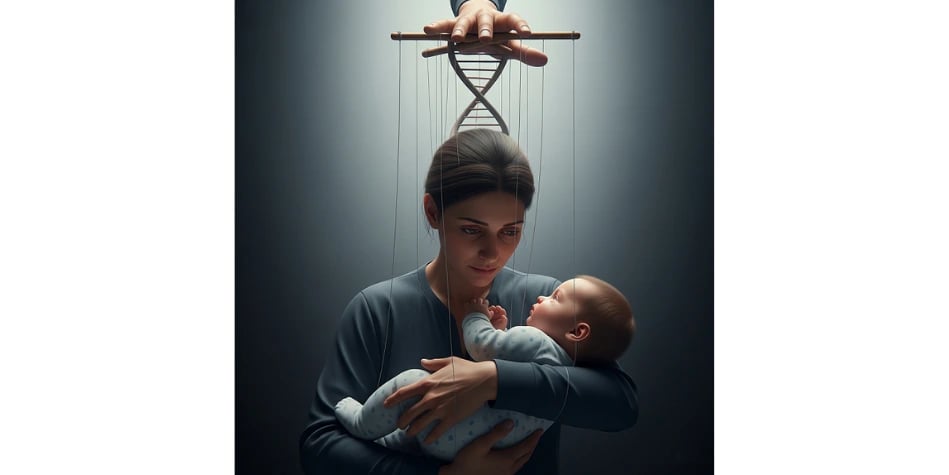 parent holding a baby with subtle puppet strings controlled by a DNA strand, humorously depicting parental love