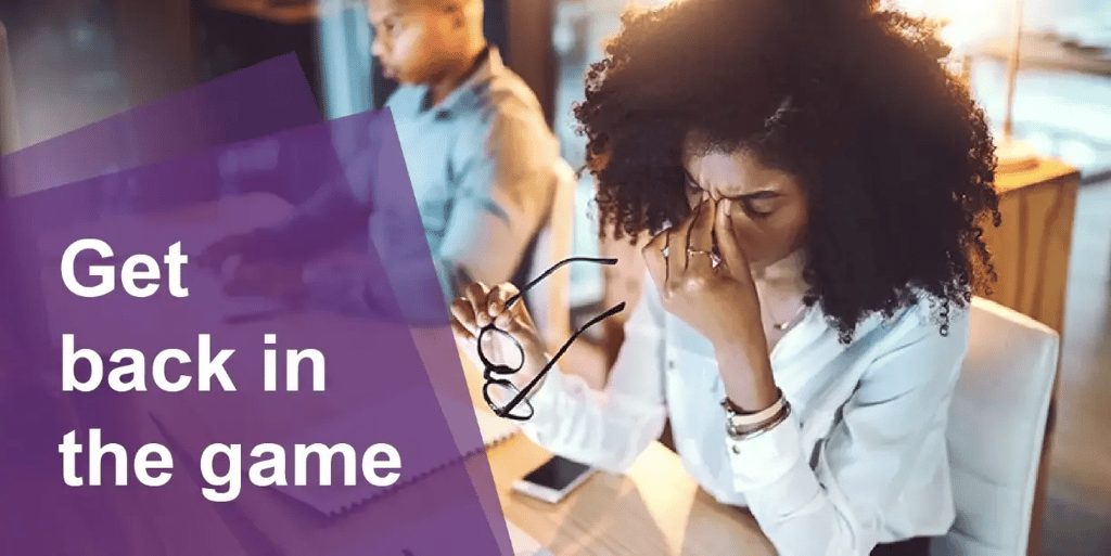 woman with migraine at work, text 'get back in the game'