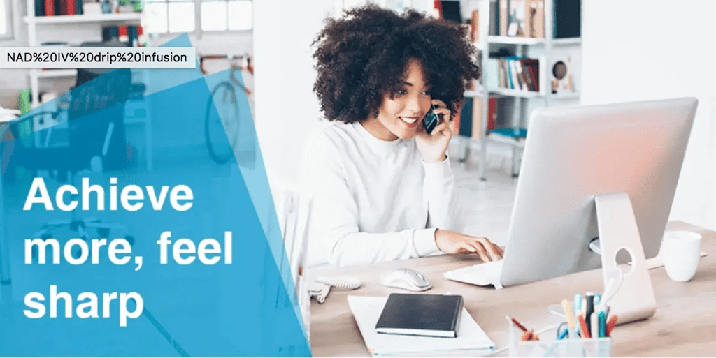 woman smiling while working on the computer, text 'achieve more, feel sharp'