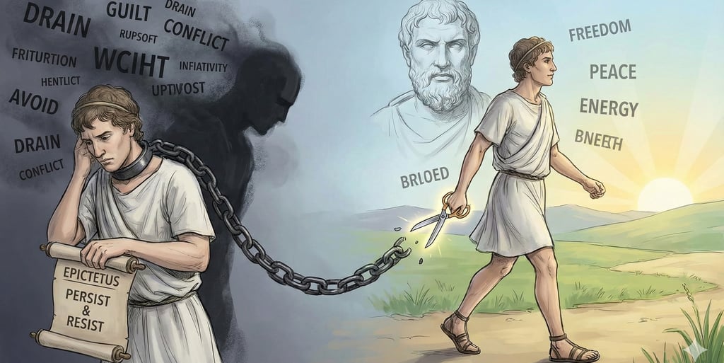 epictus as a slave tied in chains holding scissors 