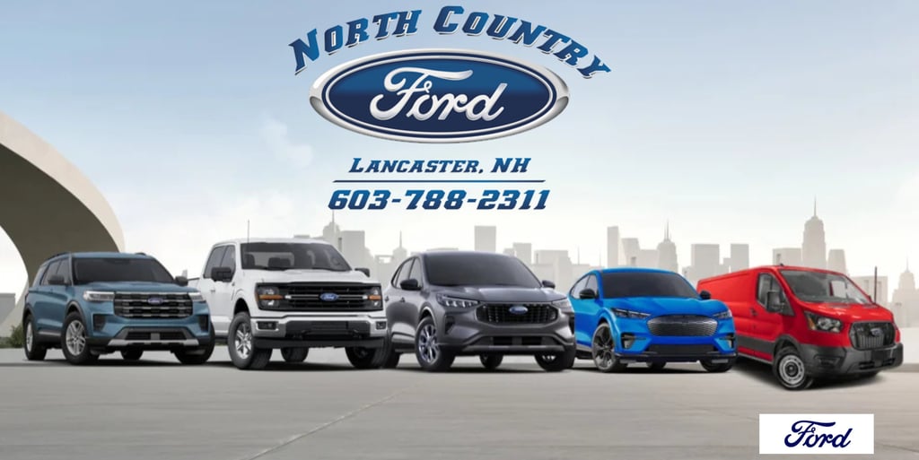 a group of four ford trucks parked in front of a woods