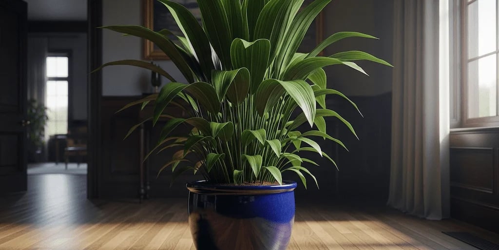 Una frondosa planta Aspidistra elatior (Planta de Hierro Fundido) con sus largas hojas verde oscuro
