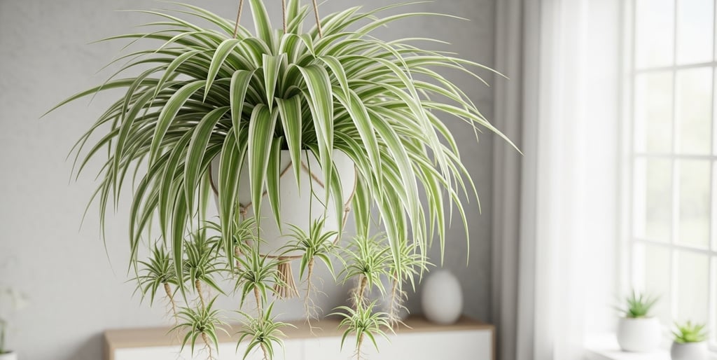 Una frondosa Planta Araña (Chlorophytum comosum) con hojas arqueadas a rayas y varios hijuelos