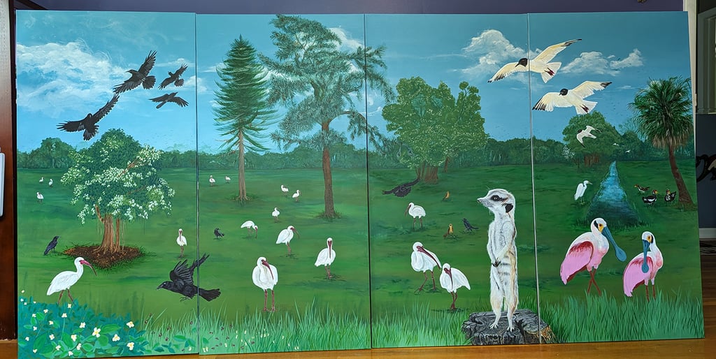 Four panel stretched canvas painting in bright colors of Florida wildlife and one cute meerkat standing on a stump.