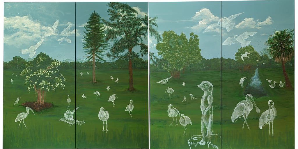 Watercolor white sketching placing wildlife in a Florida pine flats vista painting.