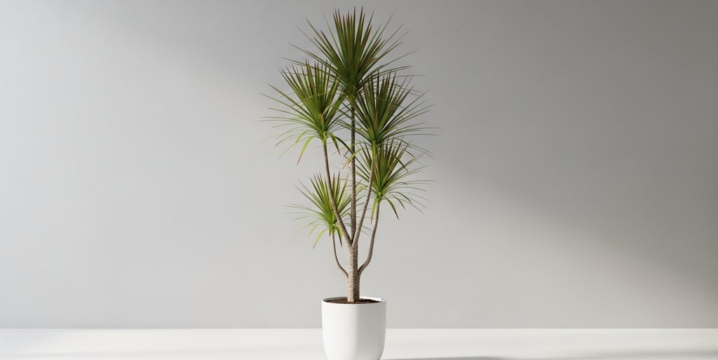 Una planta alta de Drácena marginata con sus troncos delgados y hojas finas con bordes rojizos