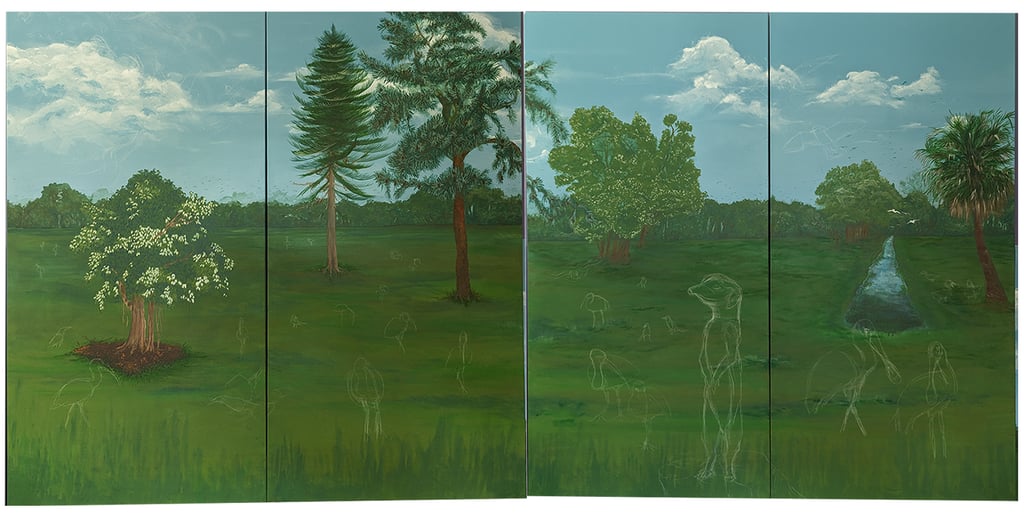 Nature painting setting of white fluffy clouds, and open field and Florida forest with sketches of animals to be painted in.