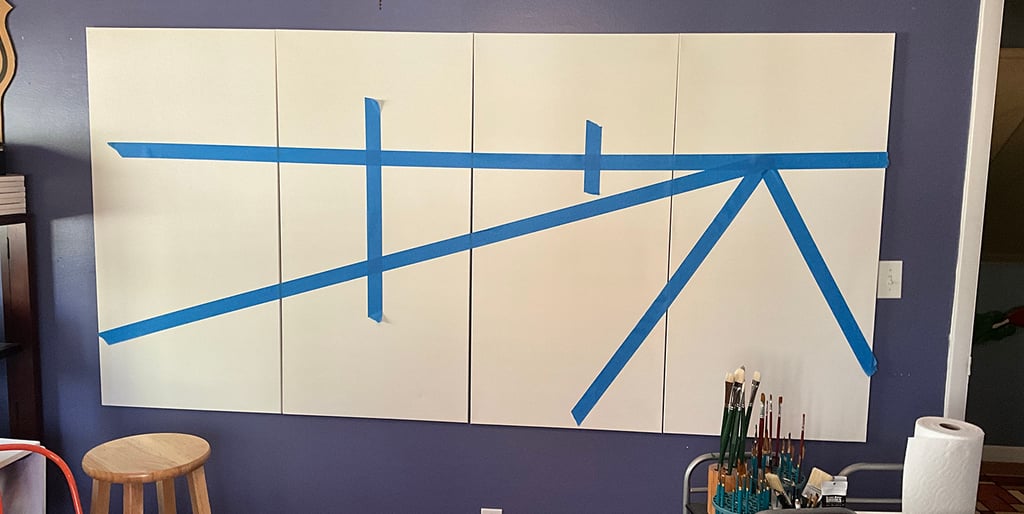 Perspective applied to four panels of stretched canvas to see what the painting's movement will look like before painting.