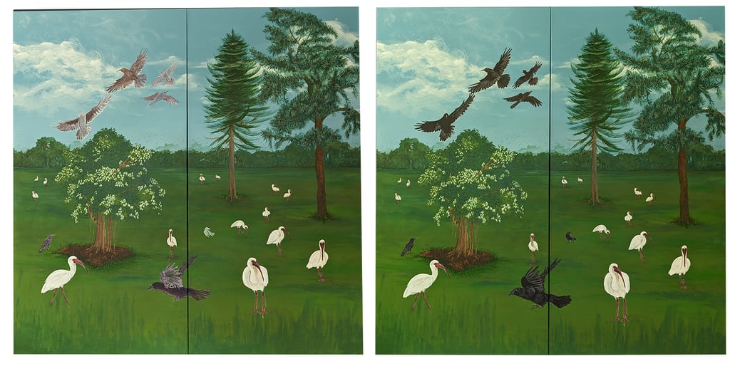 Acrylic painting process and progress using paint washes, and thick overlay brush strokes.