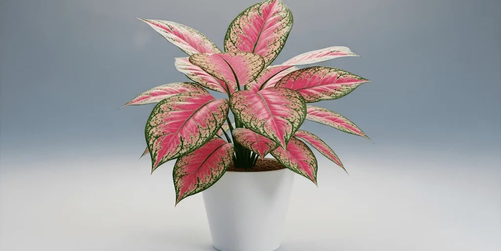 Una frondosa planta de Aglaonema con sus características hojas variegadas en tonos rosa y verde