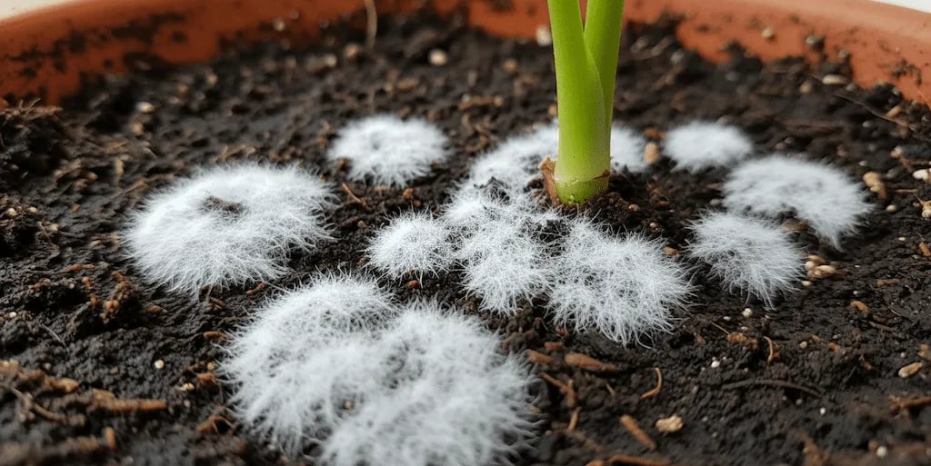 Primer plano de moho blanco o pelusa creciendo sobre la tierra de una maceta.