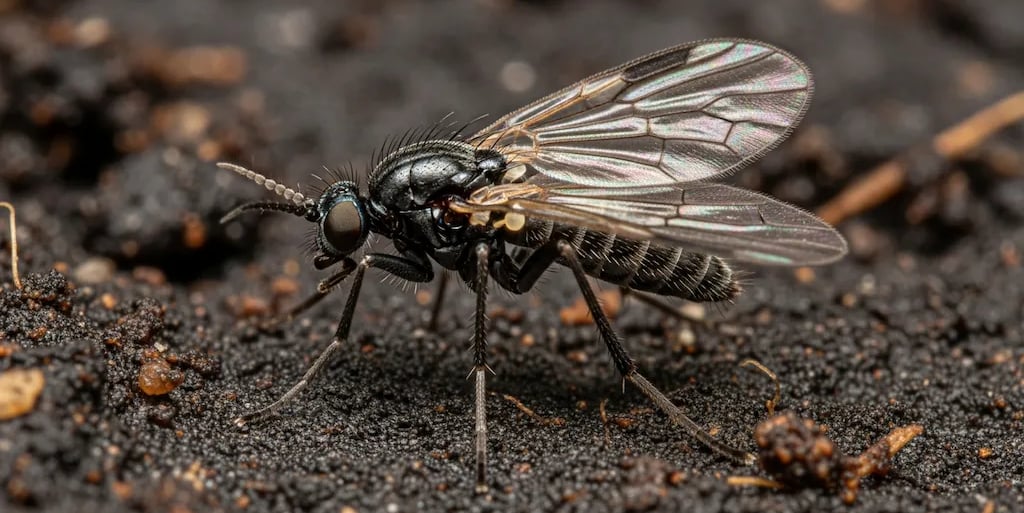 Primer plano de una mosca del sustrato o mosca del mantillo sobre una hoja.