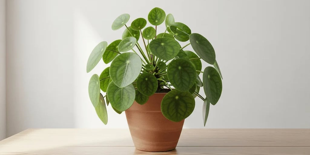 Una planta Pilea peperomioides con sus características hojas redondas, en una maceta de terracota