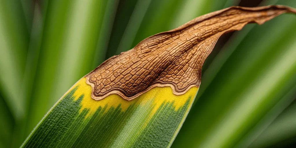 Primer plano de una hoja de planta de interior con la punta seca y marrón.