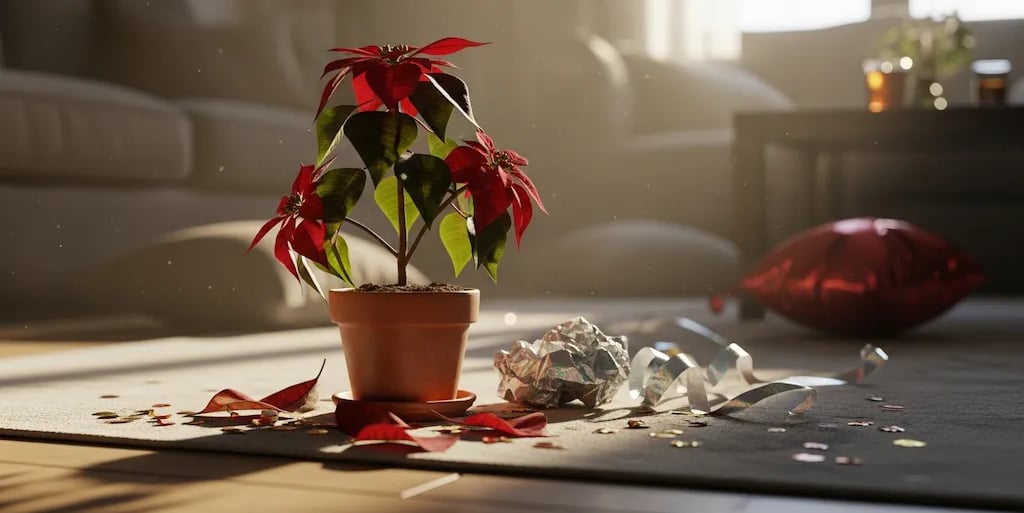 Una planta marchita con hojas caídas en el suelo después de una fiesta navideña.