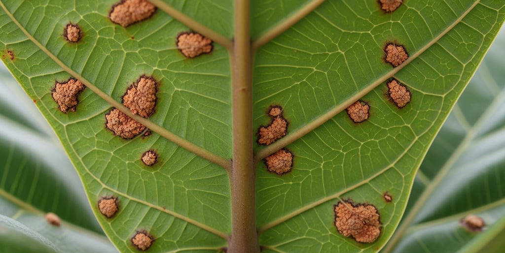 parte inferior de hoja mostrando los síntomas del edema en plantas, con pequeñas ampollas marrones
