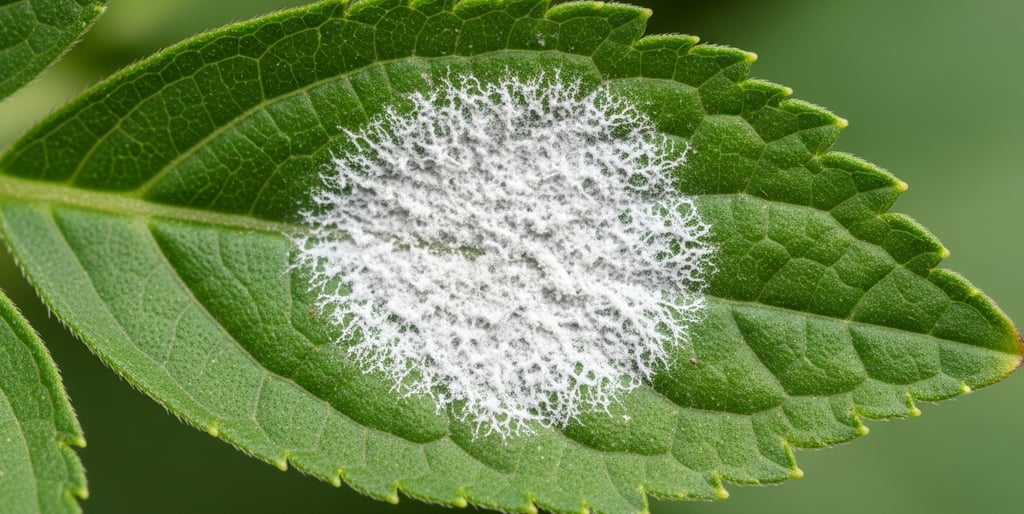 Hoja de planta verde afectada por Oídio, mostrando su característico polvo blanco y harinoso