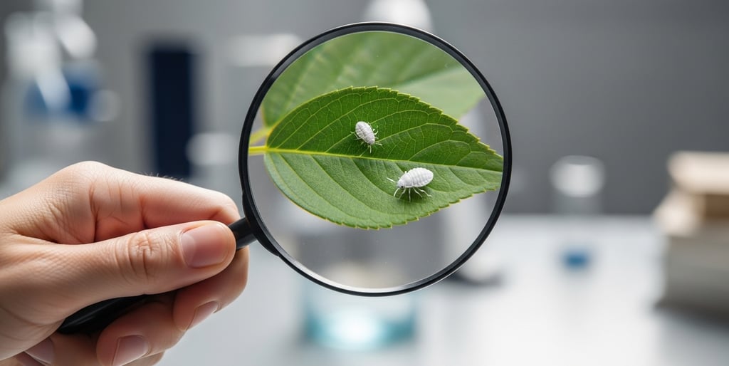 inspeccionando con una lupa una hoja verde en busca de plagas comunes en plantas de interior