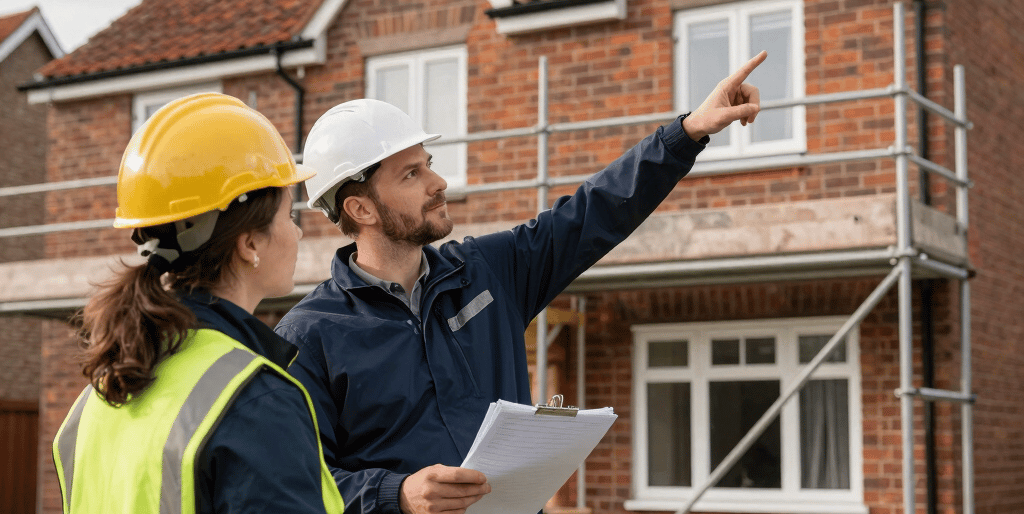 A friendly team collaborating over a modern website design on laptops with blue and white color accents.