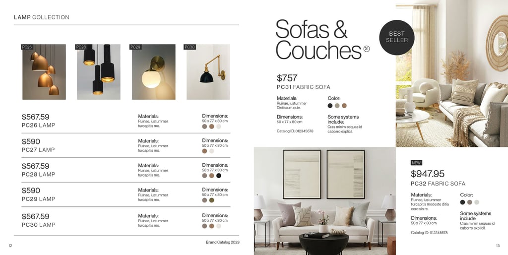 Home decor catalog spreadsheet with one page of lamps and another featuring two sofas and couches.