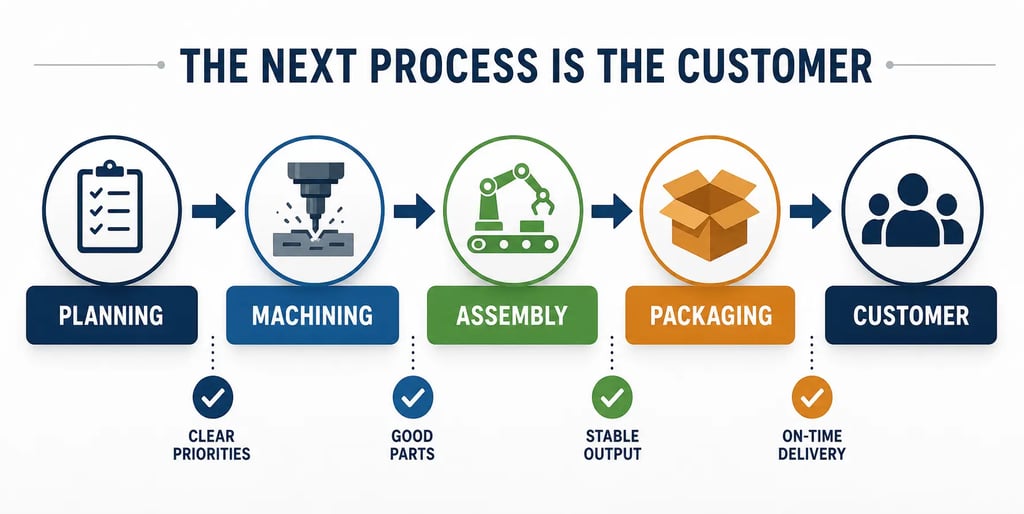 Lean manufacturing principle showing process flow from planning to customer with focus on quality and delivery.