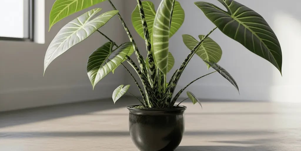 Una planta Alocasia con sus grandes hojas en forma de flecha y tallos distintivos, en una maceta 