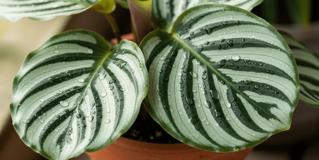 hojas de una Calathea orbifolia, mostrando sus patrones de rayas plateadas y verdes.