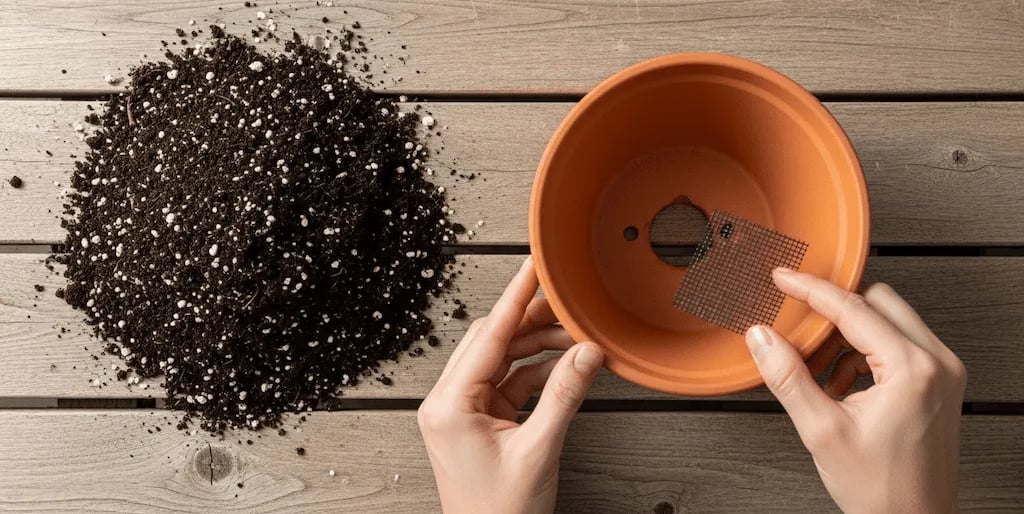 Manos preparando maceta de terracota para plantar, colocando una malla sobre el agujero de drenaje
