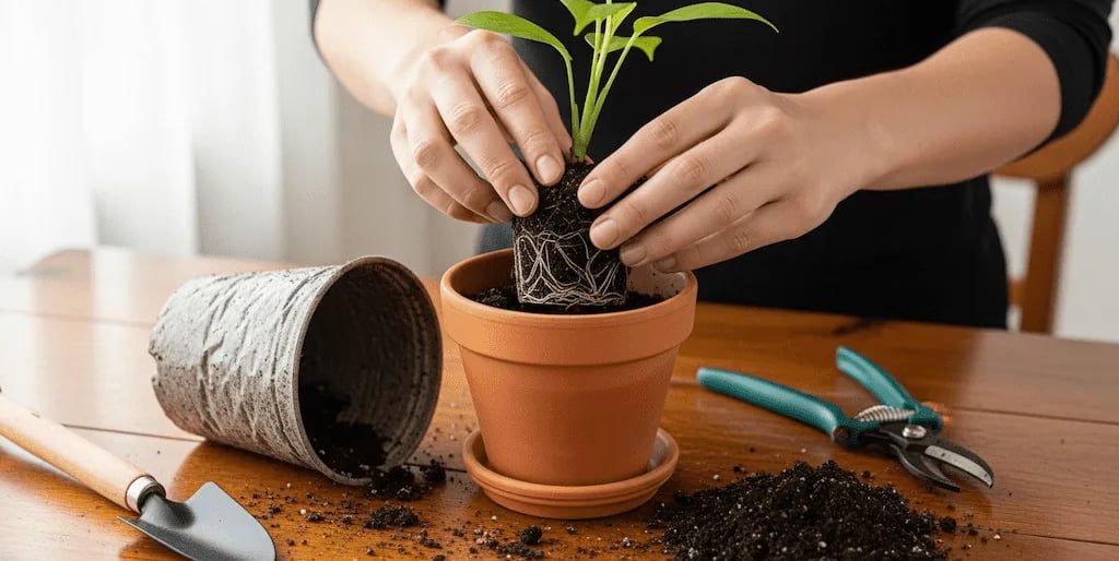 Trasplante de planta a una maceta de terracota mayor