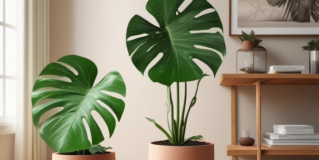 Una gran planta Monstera Deliciosa (Costilla de Adán) en una maceta de terracota,
