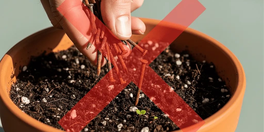 Imagen conceptual de un mito de jardinería, con una acción incorrecta tachada con una cruz roja.