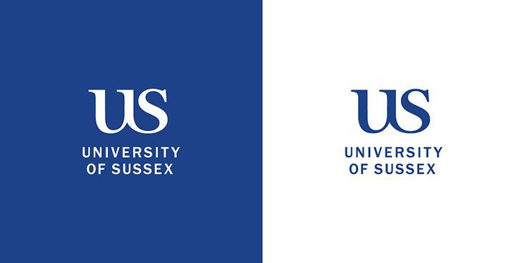University of Sussex logo in blue and white background variations.