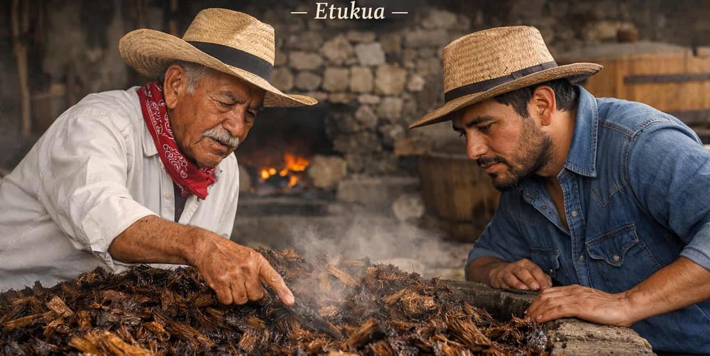 Maestro mezcalero mayor enseñando a su hijo a revisar el agave cocido en un palenque tradicional