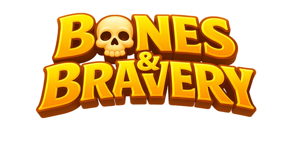 Bones & Bravery game logo featuring 3D golden text and a cartoon skull on a black background.