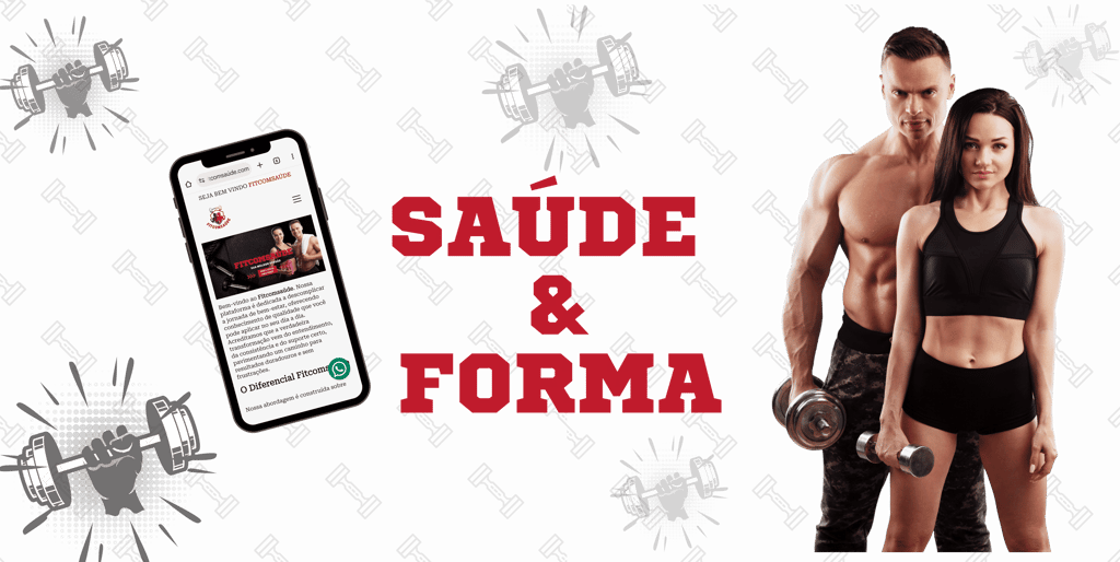 Casal fitness com halteres ao lado de celular exibindo site Fitcomsaúde,