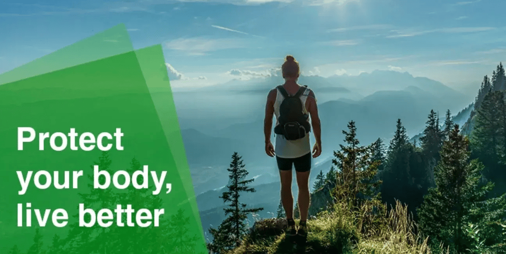 Hiker on mountain. text 'protect your body, live better'