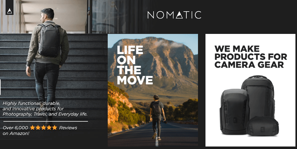 Nomatic backup with man walking up stairs and walking down the road