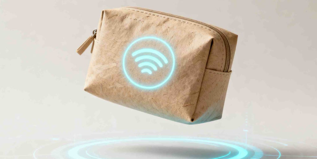 A futuristic cosmetic pouch made from eco-materials with an NFC technology halo, symbolizing GWP inn