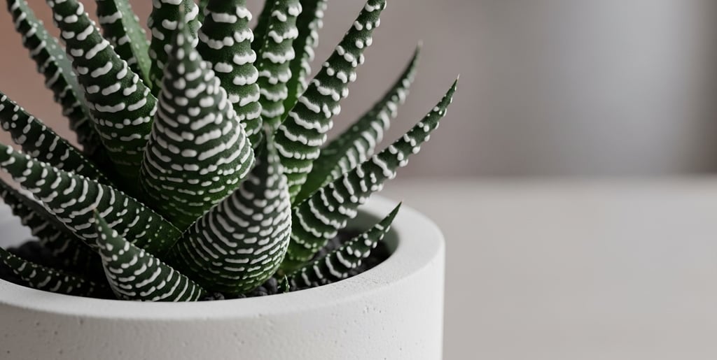una Haworthia fasciata (Planta Cebra) mostrando sus hojas puntiagudas con rayas blancas